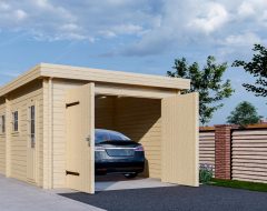 Blokhut garagedeuren openstaand in tuin